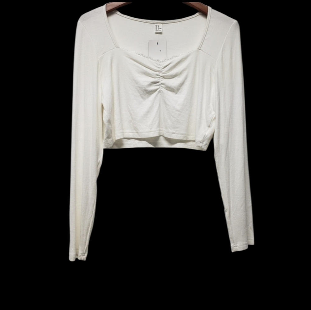 Floerns Womens Crop Long Sleeve Top Tee Ruched Bust Sweetheart Lace Neckline XL